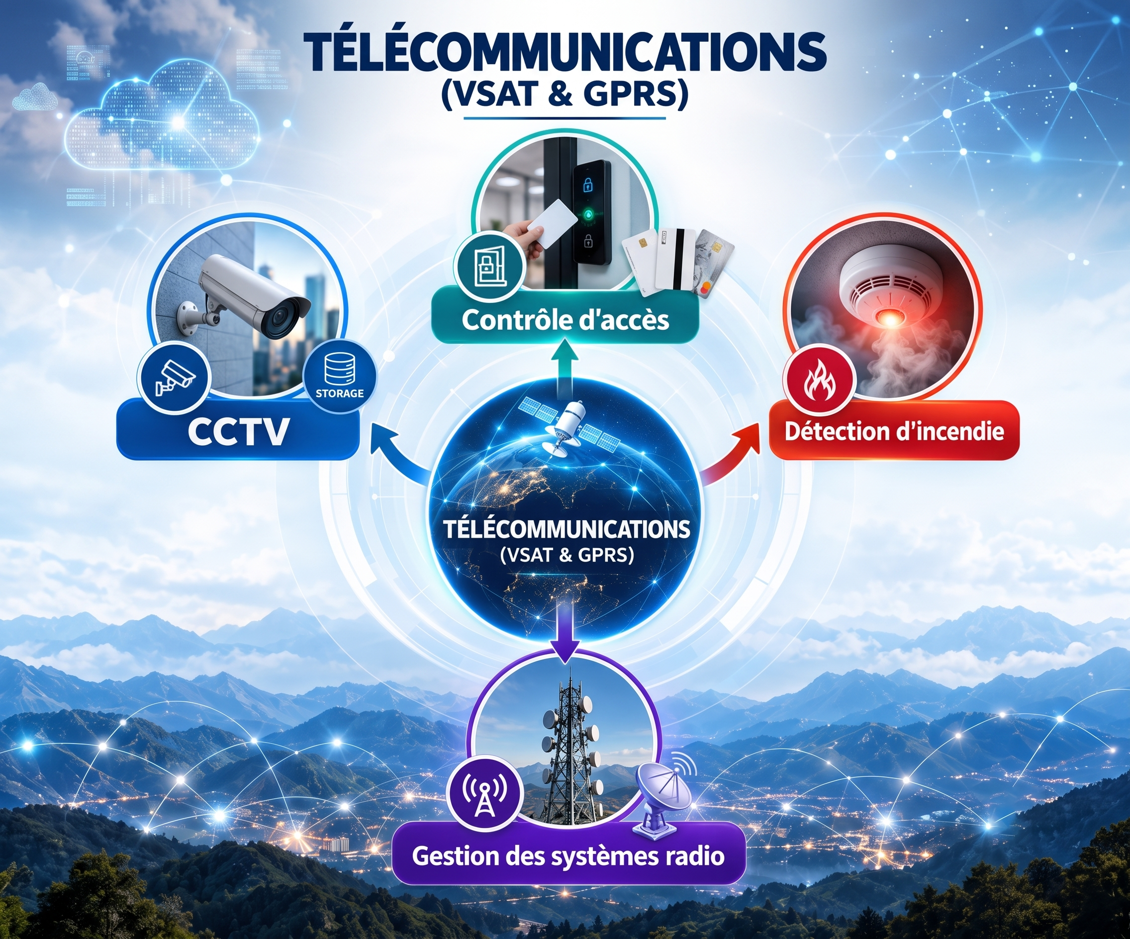 Graphique des solutions de télécommunications, vidéosurveillance, contrôle d'accès, détection incendie et radio